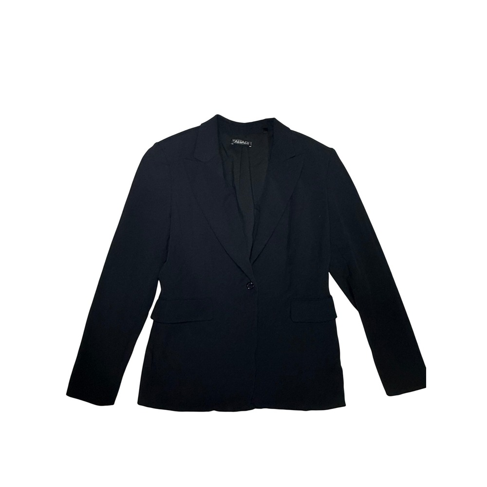 Tahari Womens Black Wool Blend Single Button Blazer Jacket Size 14 Professional